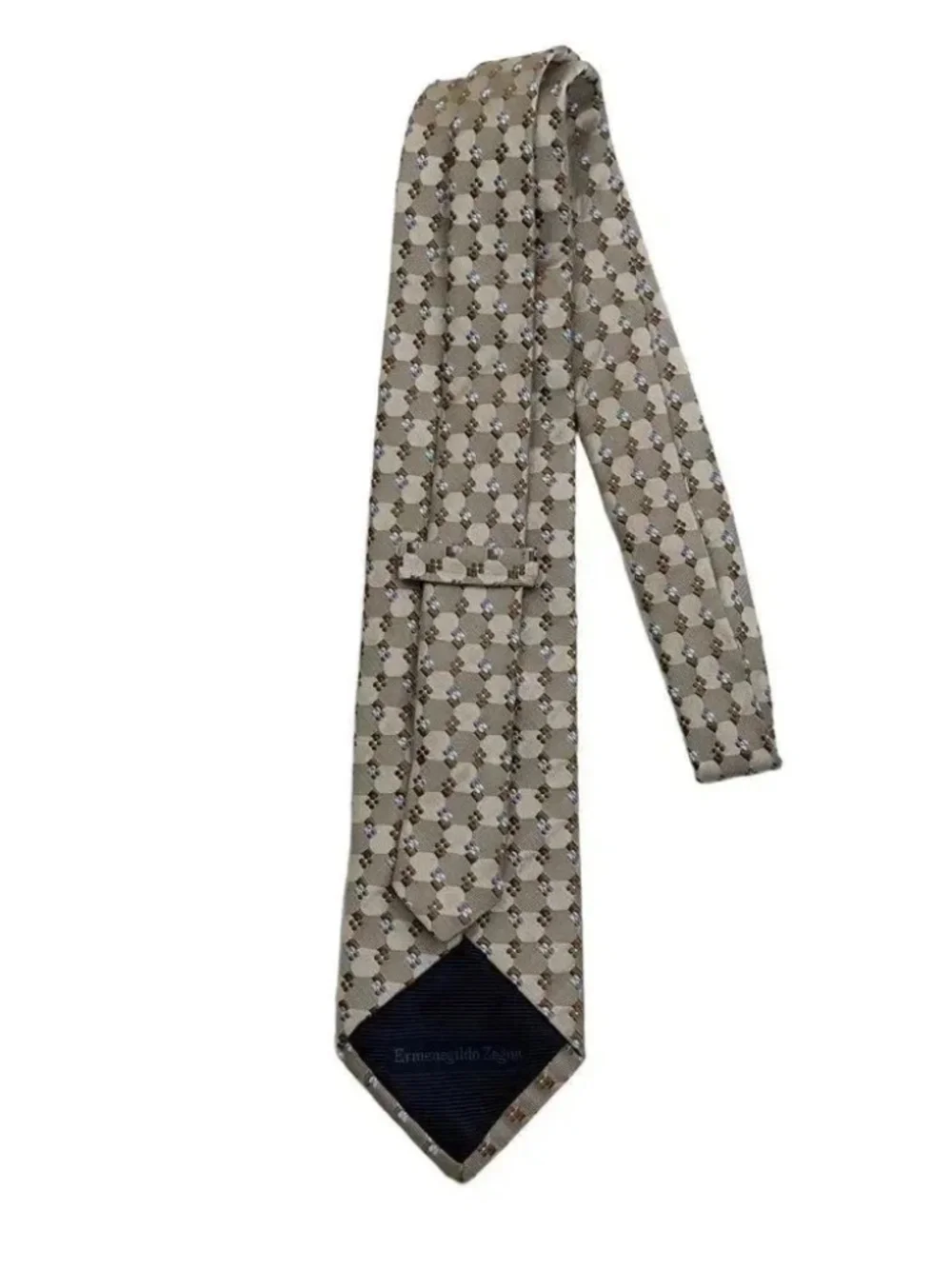 Ermenegildo Zegna 100% Silk Tie Tan Blue Geometric Made in Italy 60
